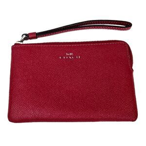 Coach Corner Zip Wristlet Pouch Wallet Crossgrain Leather Red Clutch Travel Easy
